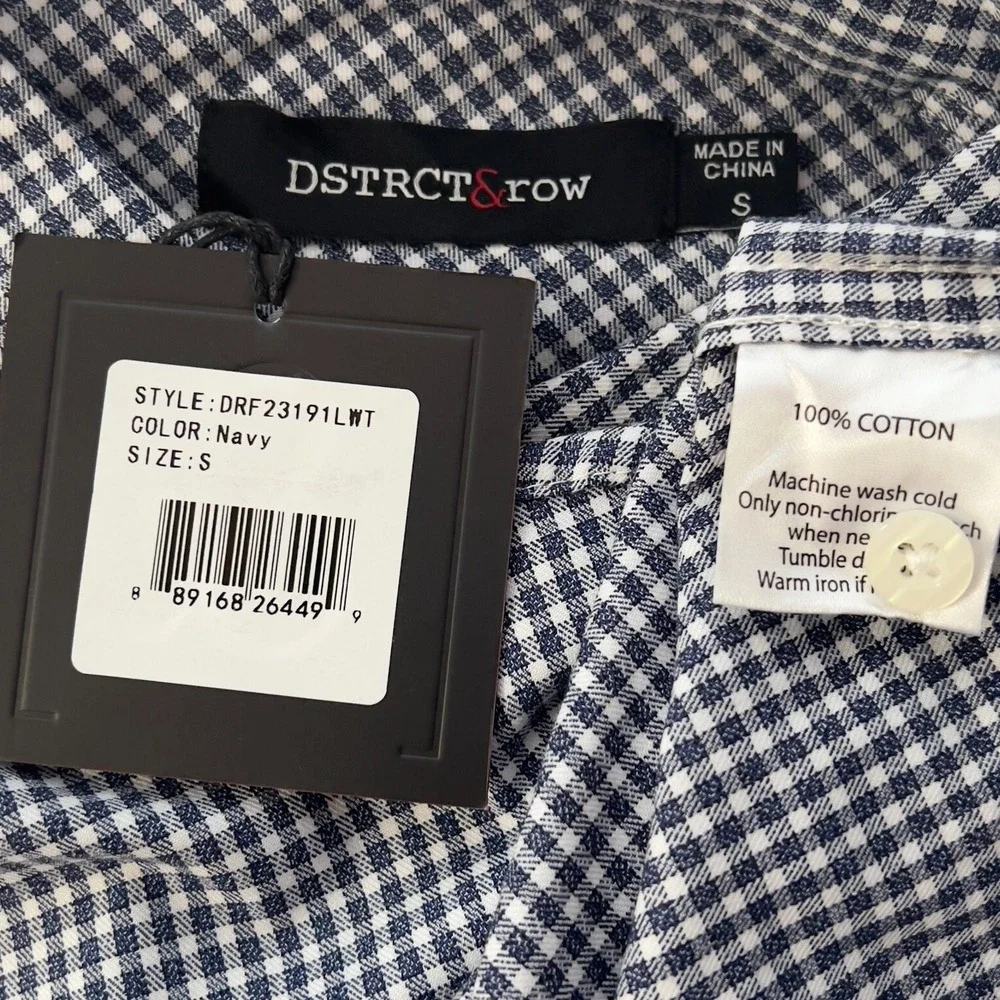 DSTRCT&Row ButtonUp Navy White Gingham‎ Check Long Sleeve Cotton Shirt Small New